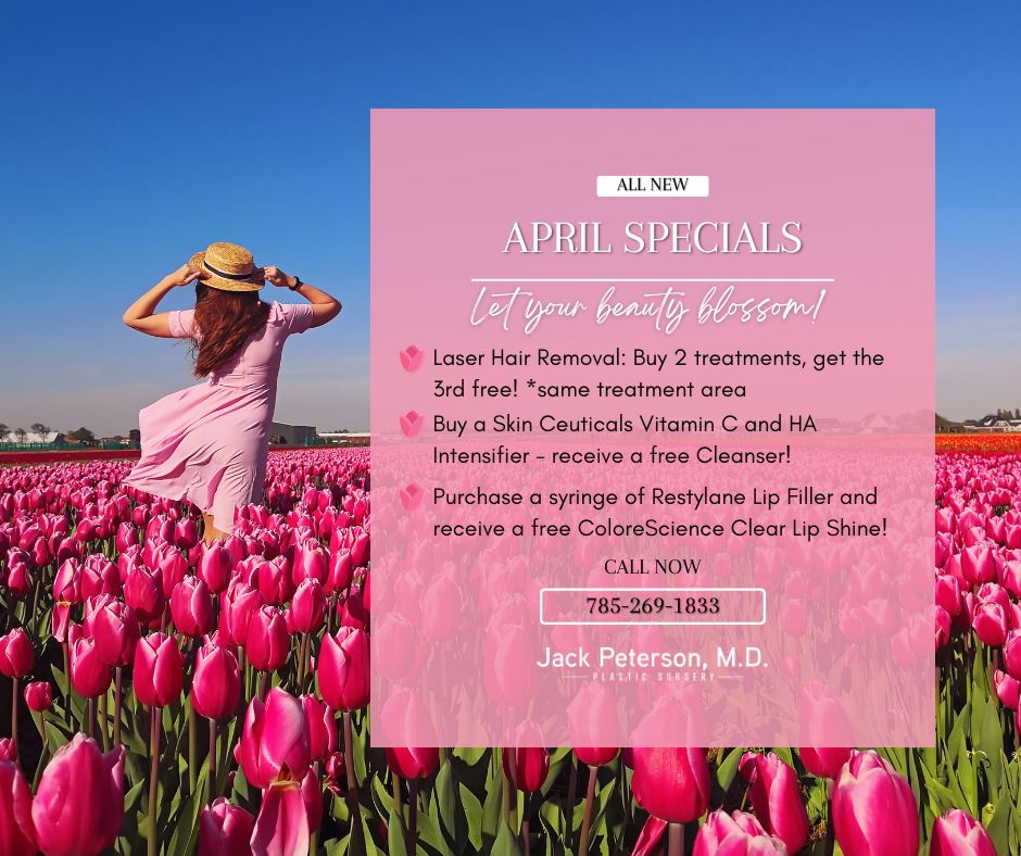 Woman sitting in a field of tulips with an advertisement for cosmetic surgery specials overlaid on the image.