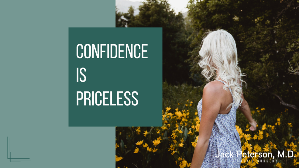 Blonde woman in a floral setting with an arm lift, showcasing an inspirational quote about confidence.