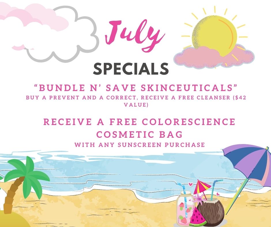 July Specials" ad featuring a beach-themed background. Offers: Free cleanser with purchase of Prevent & Correct Skinceuticals, or free Colorescience cosmetic bag with any sunscreen purchase. Perfect for summer skincare specials, especially for those considering cosmetic surgery enhancements.