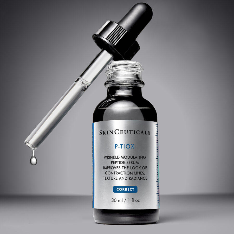A dark dropper bottle labeled "P-TIOX Wrinkle-Modulating Peptide Serum" with a dropper cap releasing a droplet. The bottle contains 30 ml / 1 fl oz of product.