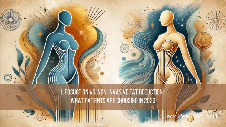 Illustration of two abstract female figures with text overlay: "Liposuction vs. Non-Invasive Fat Reduction: What Patients Are Choosing in 2023." Jack Peterson, M.D. logo in the bottom right.