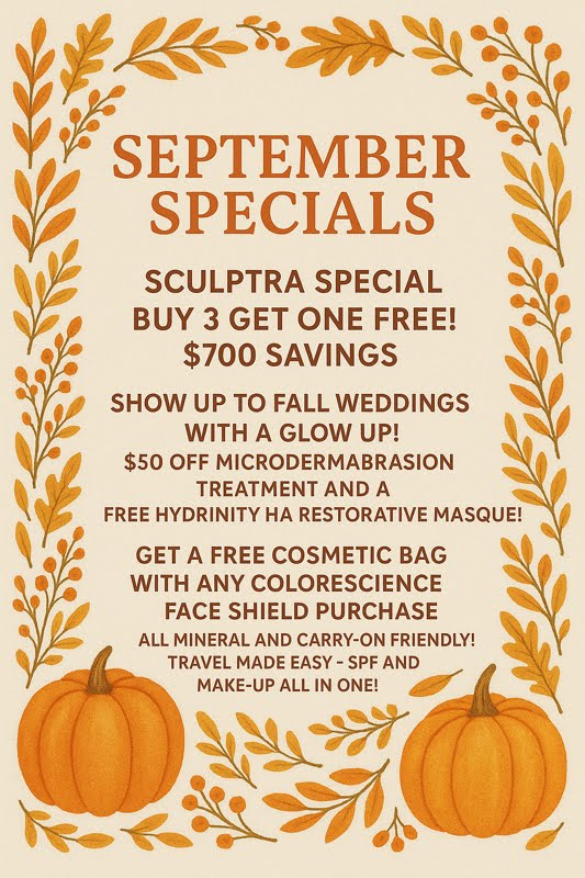 A promotional flyer with autumn leaves and pumpkins detailing September specials on Sculptra, skincare treatments, cosmetic bag offers, and other cosmetic surgery promotions.