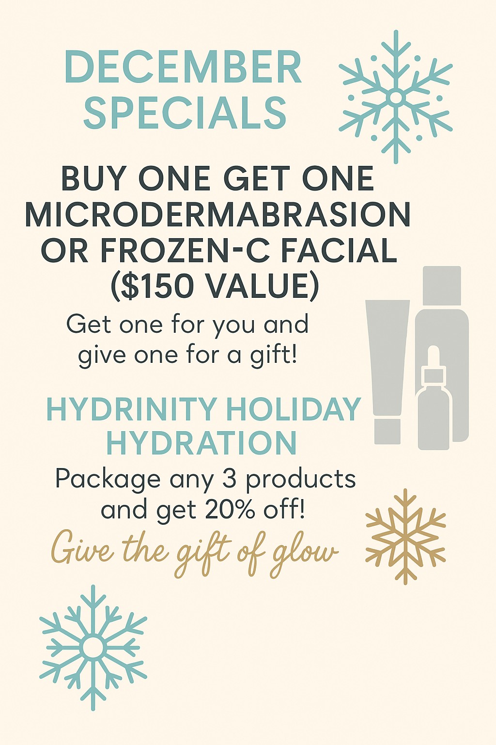 Promotional flyer for December specials featuring facial treatment deals, cosmetic surgery offers, product discounts, and decorative snowflakes. Includes images of skincare product bottles. Promotional flyer for December specials featuring facial treatment deals, cosmetic surgery offers, product discounts, and decorative snowflakes. Includes images of skincare product bottles.