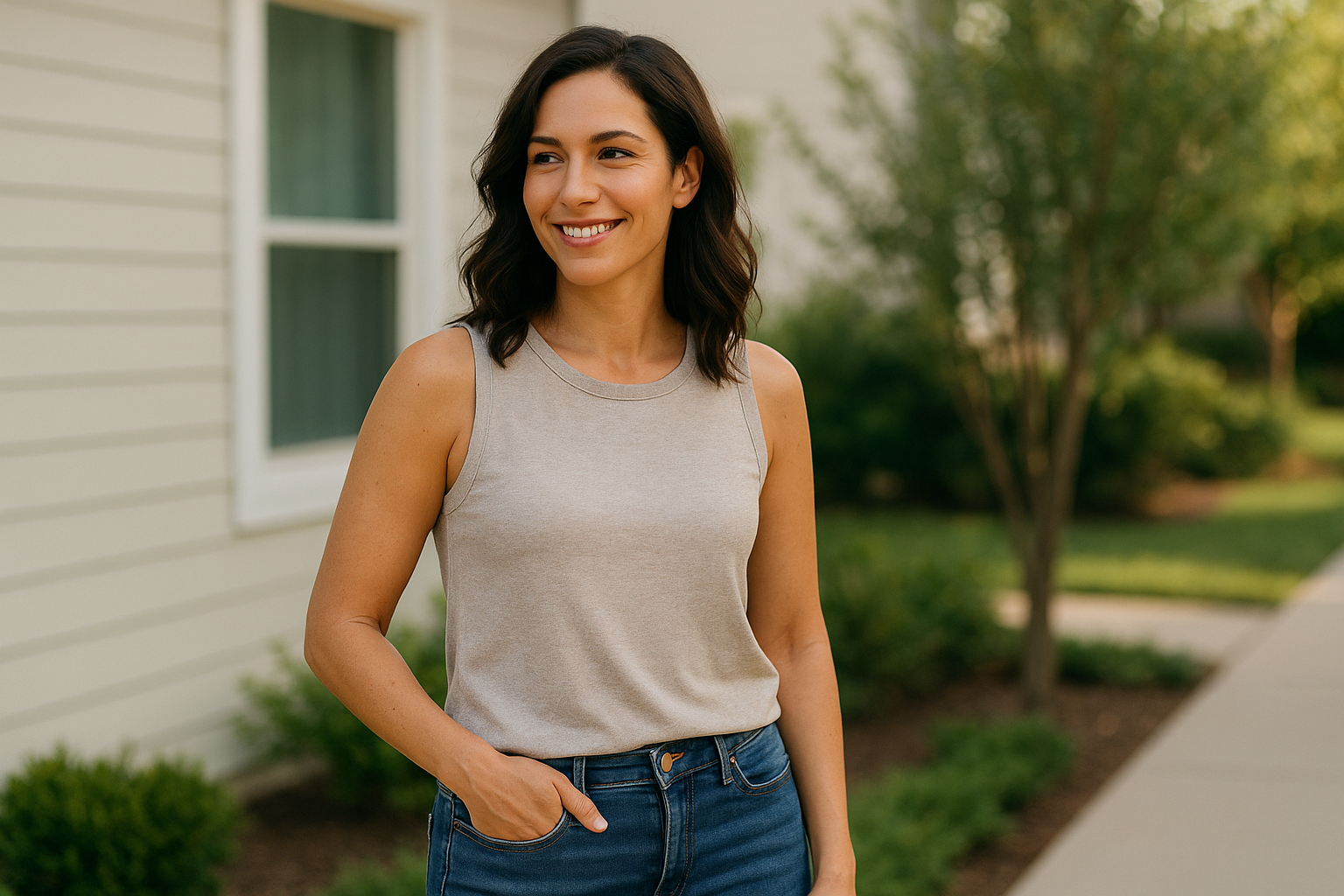 A woman with dark hair, wearing a beige sleeveless top and blue jeans, stands outdoors near a light-colored building and greenery, smiling and looking to the side—showcasing confidence after choosing the right procedure for arm lifts.