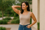 A woman in a beige tank top and blue jeans stands outdoors with one hand behind her head, possibly showcasing the results of arm lifts, while the other is in her pocket as she looks to the side.