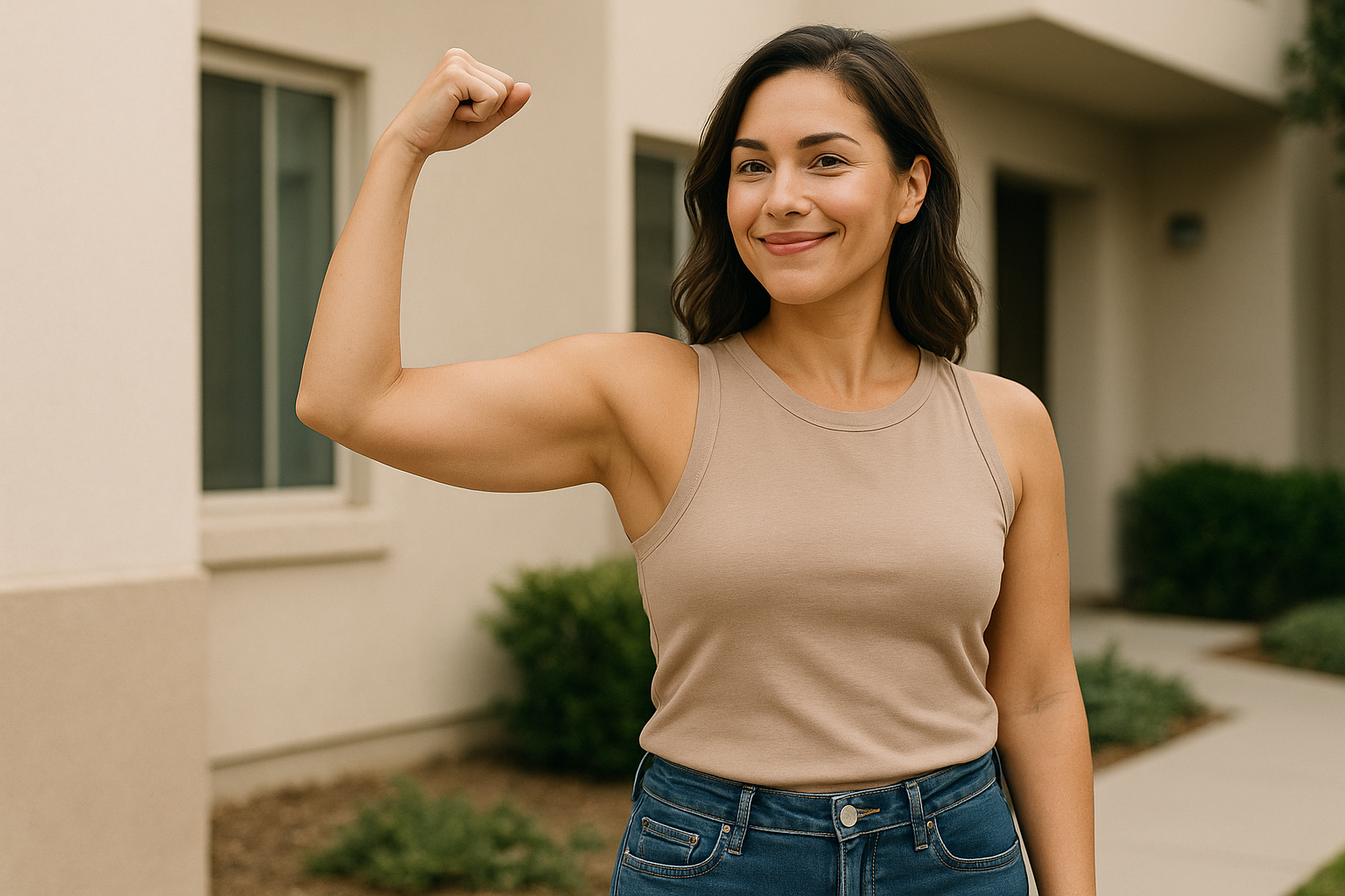 A woman, showcasing her Arm Lifts results, stands outside a building flexing her right arm and smiling at the camera, wearing a beige sleeveless top and blue jeans.