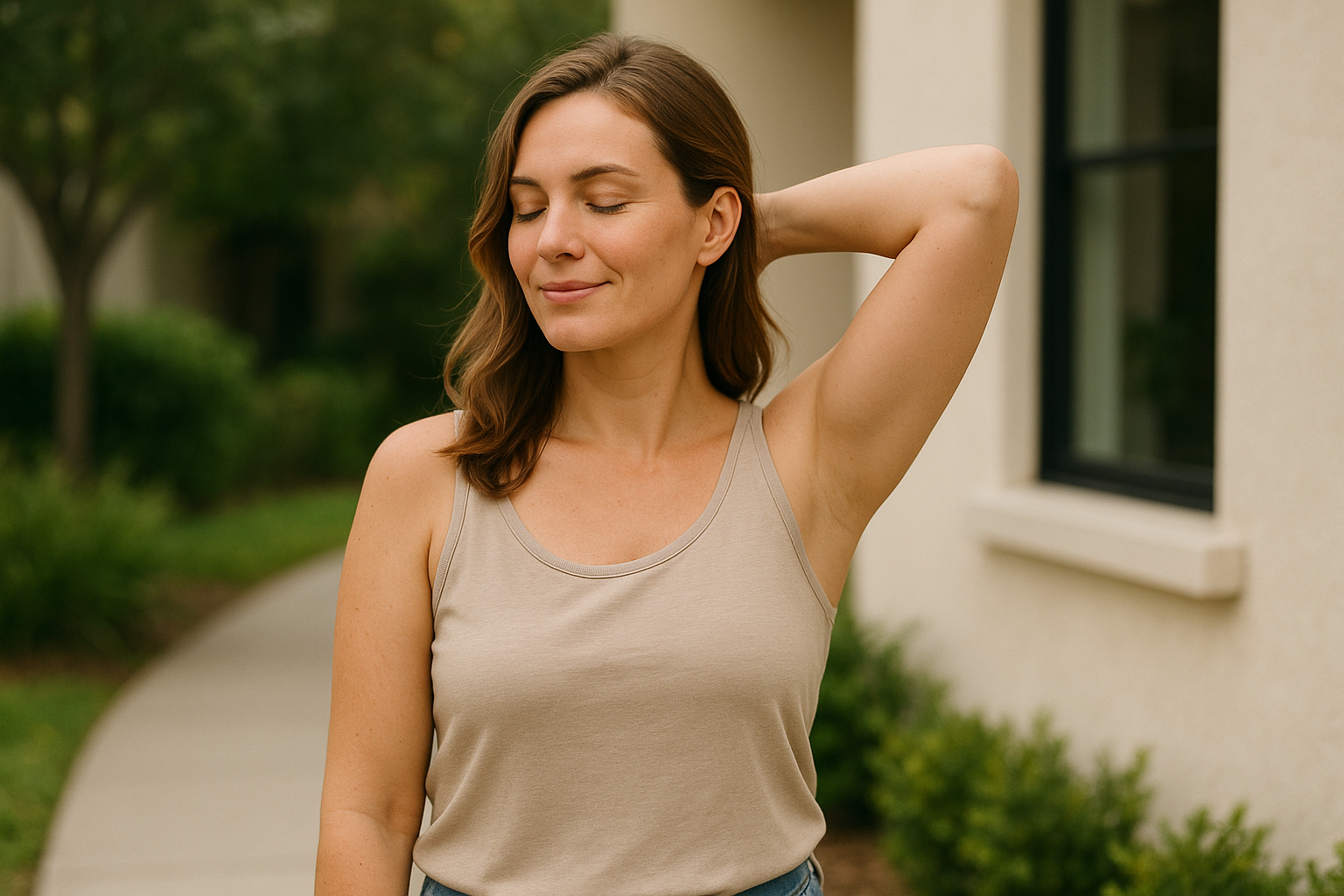 A woman stands outdoors with her eyes closed and one hand behind her head, wearing a beige tank top—perfectly relaxed as if practicing Preparation Tips for Arm Lift Surgery. Shrubs and a building are visible in the background.