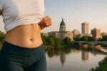 A person lifts their shirt to show their midriff, standing near a river with a cityscape and government building in the background, perhaps proud of results achieved by the best tummy tuck surgeon Topeka has to offer.
