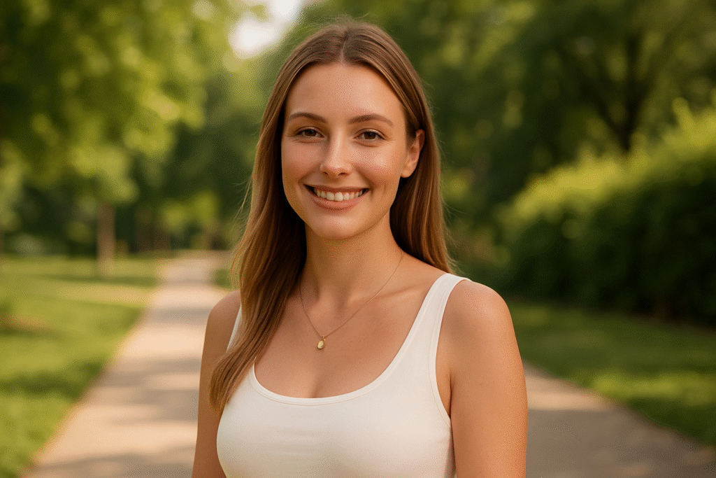 A young woman with long brown hair, wearing a white tank top and necklace, smiles while standing on a park pathway with greenery in the background, perhaps contemplating breast lift vs augmentation options and enjoying a moment of reflection.