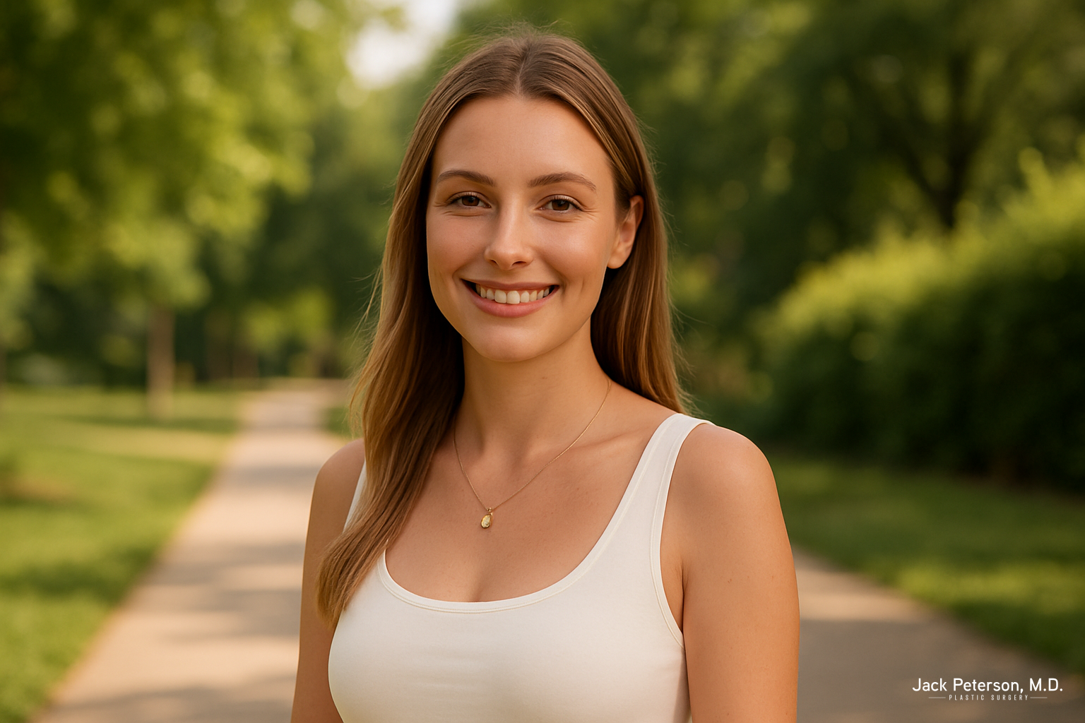 A young woman with long brown hair, wearing a white tank top and necklace, smiles while standing on a park pathway with greenery in the background, perhaps contemplating breast lift vs augmentation options and enjoying a moment of reflection.
