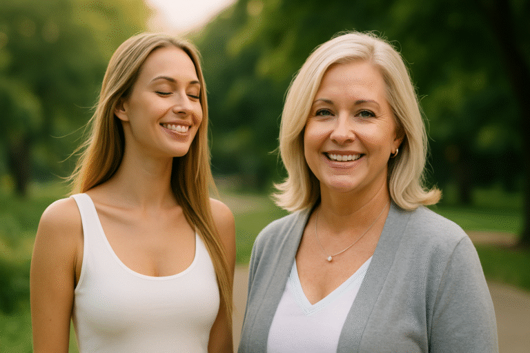 Two women standing outdoors on a path surrounded by greenery, one smiling at the camera and the other with eyes closed, both appear relaxed and content—much like choosing between a breast lift vs augmentation: it’s all about personal comfort and confidence.