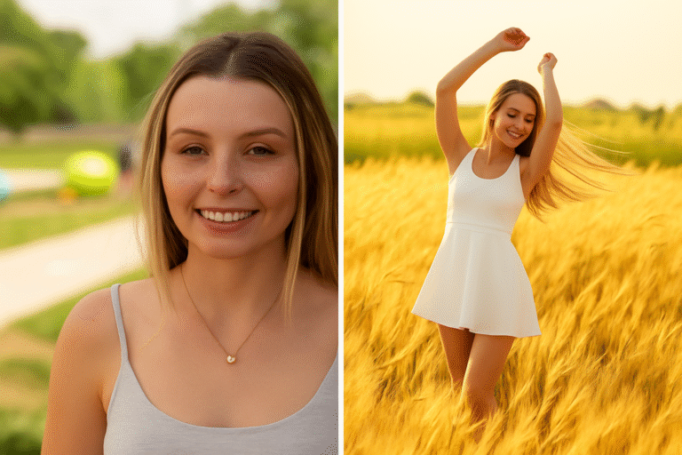 Split image: On the left, a young woman smiles outdoors in casual attire; on the right, she poses in a white dress, arms raised, standing in a sunlit field—highlighting confidence after learning about tummy tuck vs body lift options.