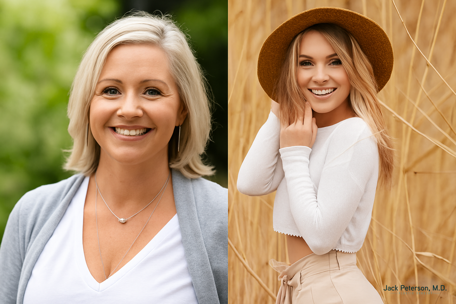 Side-by-side portraits of two women; one with short blonde hair smiling outdoors, the other with long blonde hair wearing a brown hat and white top in a field, showcasing the confidence that often follows the long-term results of liposuction.