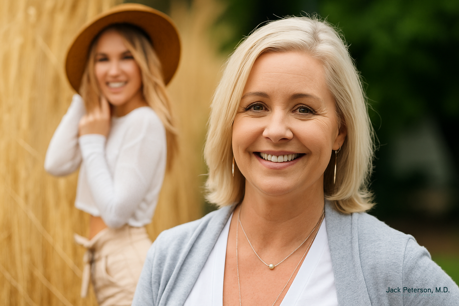 A smiling woman with blonde hair stands in the foreground, subtly showcasing the confidence often seen from the long-term results of liposuction; a younger woman in a hat and casual clothes is blurred in the background outdoors.