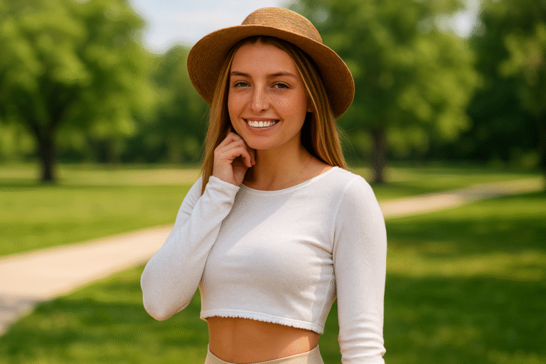 A young woman wearing a brown hat and white long-sleeve crop top stands outdoors in a park, smiling at the camera, radiating confidence after exploring body contouring options after weight loss.