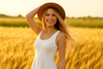 Woman in a white dress and brown hat stands smiling in a golden wheat field at sunset, her hand touching her hat as the wind lifts her hair, radiating confidence after experiencing a breast lift after weight loss.
