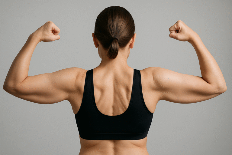 A woman in a black sports bra faces away from the camera, flexing both arms to show muscle definition, highlighting the results of her upper body lift after weight loss.