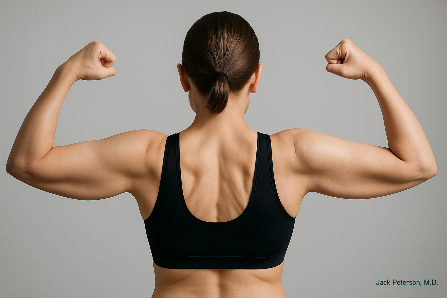 A woman in a black sports bra faces away from the camera, flexing both arms to show muscle definition, highlighting the results of her upper body lift after weight loss.