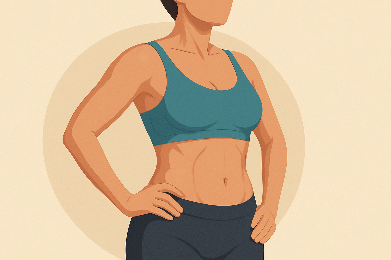 Illustration of a fit woman in a teal sports bra and black leggings standing with hands on hips, highlighting her toned arms and visible abs after an upper body lift following weight loss.