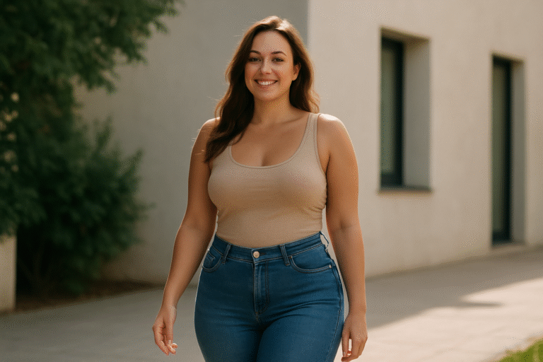 Woman wearing a beige tank top and blue jeans walking outdoors on a sunny day, with a building and greenery in the background—radiating confidence reminiscent of results from top plastic surgeon in Topeka, Dr. Jack Peterson.