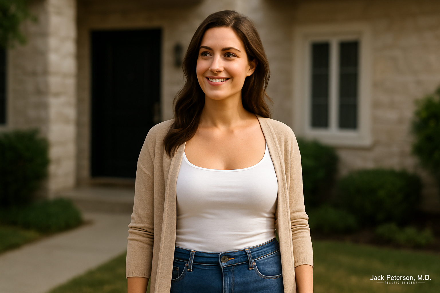 A woman wearing a white top, beige cardigan, and jeans stands smiling outside in front of a house with stone walls and greenery, looking as confident as if she just visited top plastic surgeon in Topeka Dr. Jack Peterson.