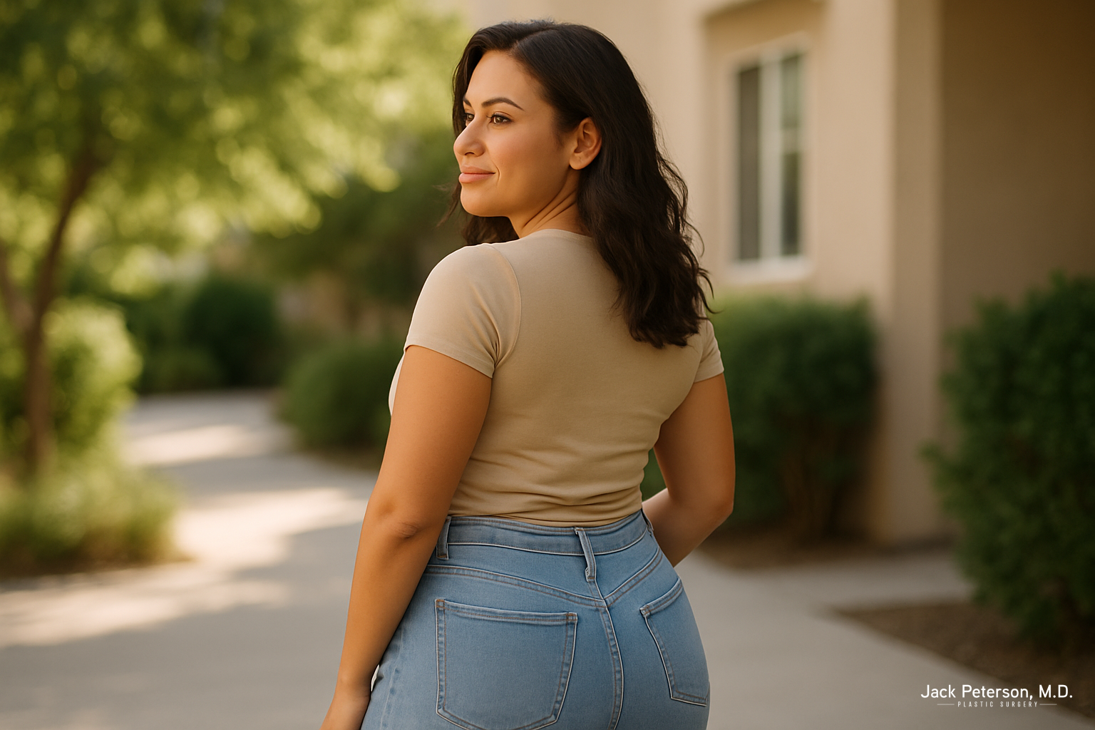 A woman with dark hair wearing a beige t-shirt and blue jeans stands outdoors on a sidewalk, looking over her shoulder—confident, as if inspired by the artistry of top plastic surgeon in Topeka Dr. Jack Peterson.