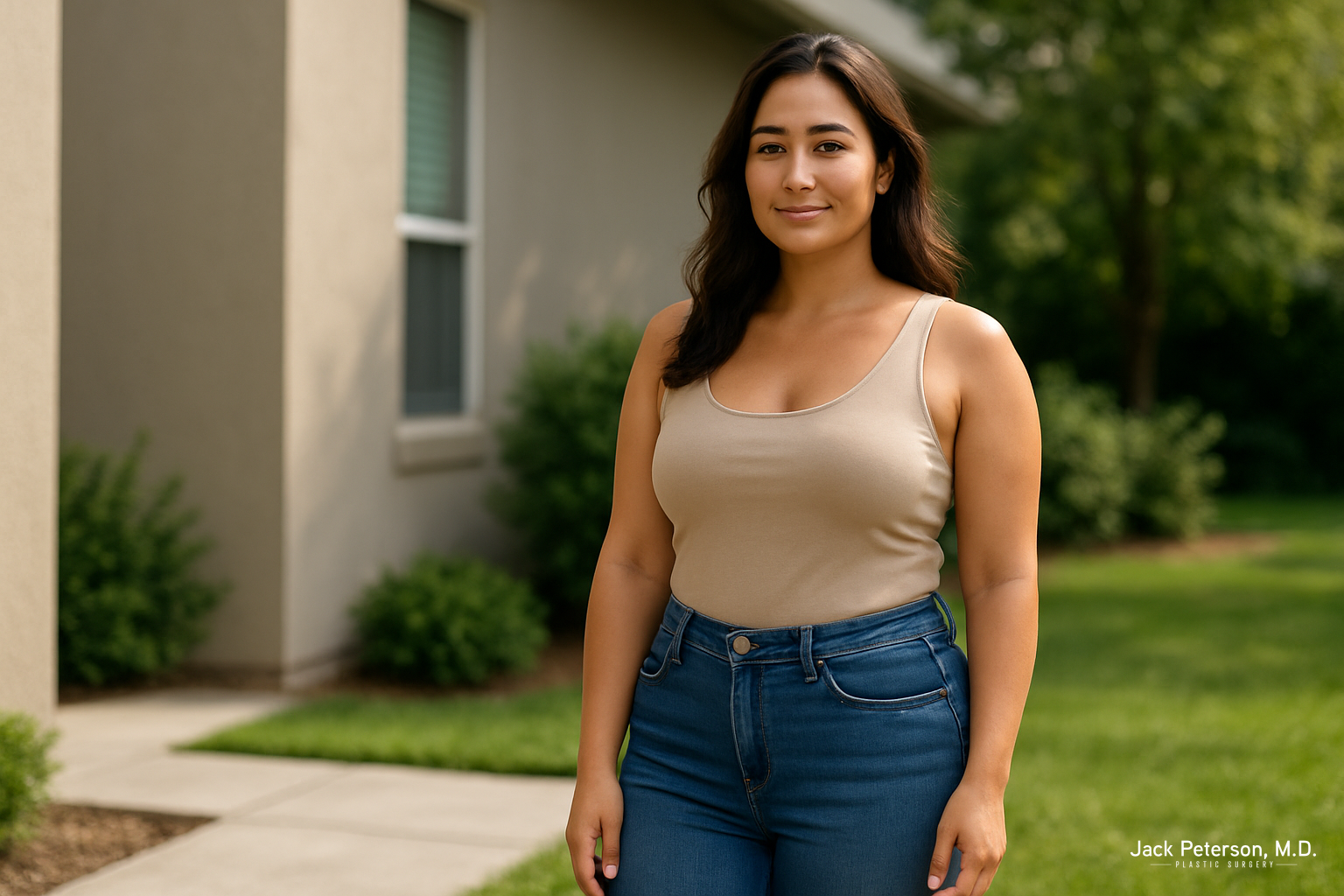 A woman with long dark hair wearing a beige tank top and blue jeans stands outside near a house and greenery, looking as confident as if she just consulted with top plastic surgeon in Topeka Dr. Jack Peterson.