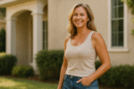 A woman with blonde hair wearing a beige tank top and blue jeans stands outside in front of a house, smiling at the camera, showcasing her radiant confidence inspired by top plastic surgeon in Topeka Dr. Jack Peterson.
