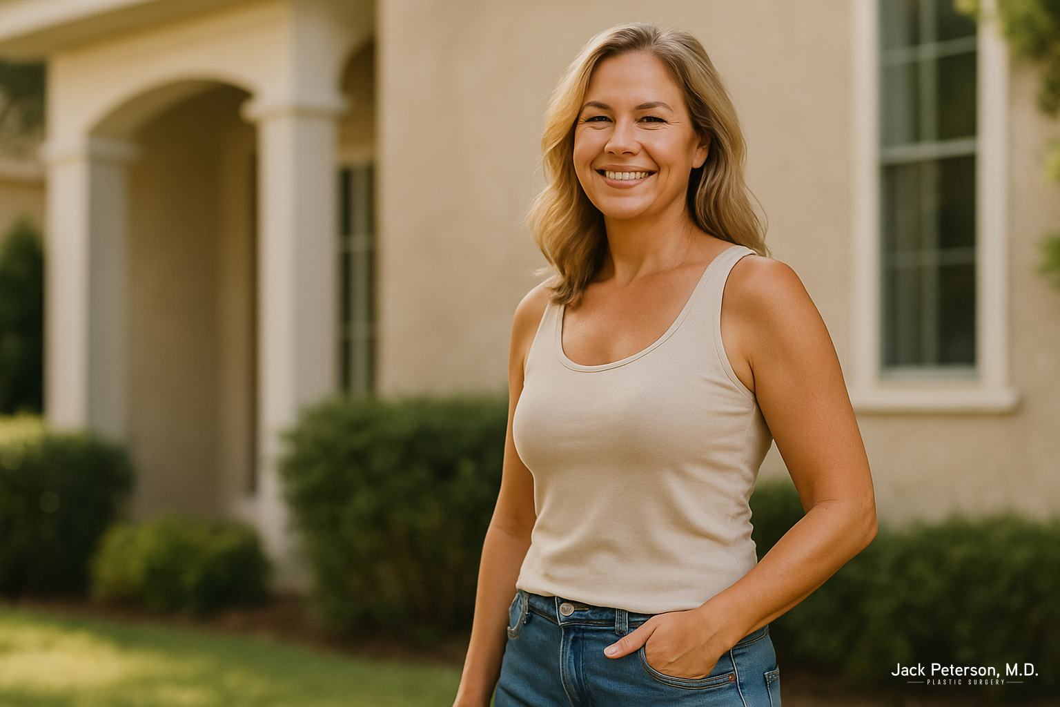 A woman with blonde hair wearing a beige tank top and blue jeans stands outside in front of a house, smiling at the camera, showcasing her radiant confidence inspired by top plastic surgeon in Topeka Dr. Jack Peterson.