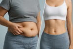 Split image showing a person with abdominal fat on the left and the same person with a slimmer waist on the right, both in activewear—highlighting the potential impact of a tummy tuck for weight loss against a plain background.