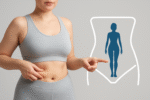 A woman in athletic wear points to her abdomen, standing beside an outlined graphic of a slim female figure, suggesting the results possible with a tummy tuck for weight loss.