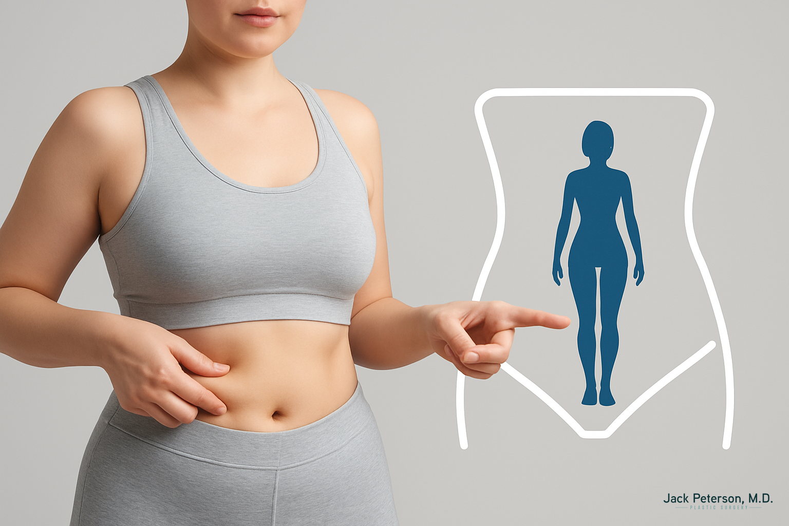 A woman in athletic wear points to her abdomen, standing beside an outlined graphic of a slim female figure, suggesting the results possible with a tummy tuck for weight loss.