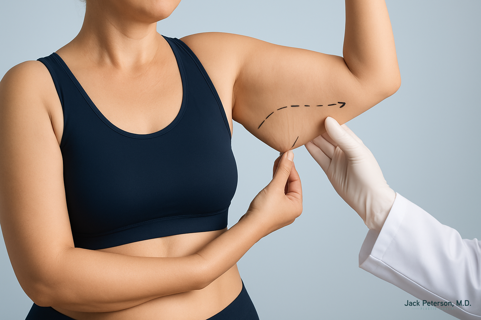 A person in a sports bra holds loose skin on their upper arm while a gloved hand points to a marked dashed line and arrow, highlighting arm lift surgery benefits for those seeking smoother, more contoured arms through cosmetic procedures.