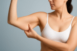 Woman in a white sports bra pinching the skin on her upper arm, highlighting loose or excess skin—a common concern that showcases the potential arm lift surgery benefits, with a neutral background.
