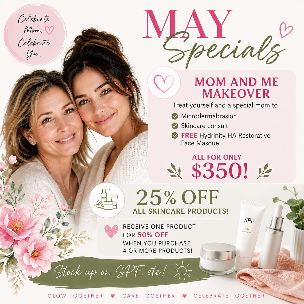 Mother and daughter smiling together next to May spa specials, featuring skincare treatments, a makeover package, cosmetic surgery consultations, and 25% off all skincare products.